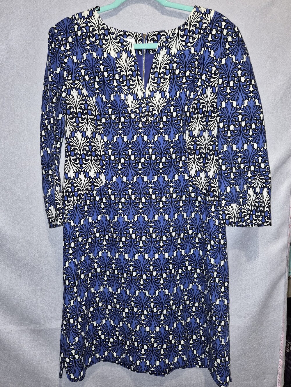Donna Morgan Blue & Ivory Damask Print Dress – Size 14